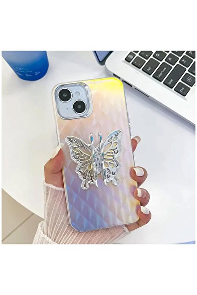 Zebana Apple iPhone 15 Uyumlu Kılıf Zebana Standlı Kelebek Silikon Kılıf Desen 2