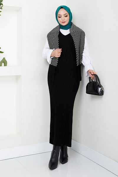 ModaMerve طقم تريكو مخطط باللون الأسود - 9003UZ1029-M