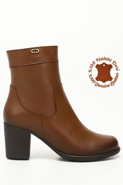 GÖNDERİ(R) Braune Floater-Damenstiefel aus echtem Leder mit Reißverschluss und dickem Absatz