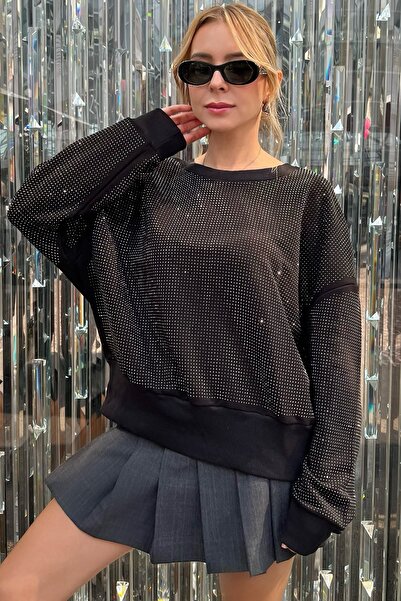 RICH GLAM Crystal Stone laza szabású, túlméretezett, nagyméretű háromszálas pamut kényelmes, stílusos bő fekete női pulóver