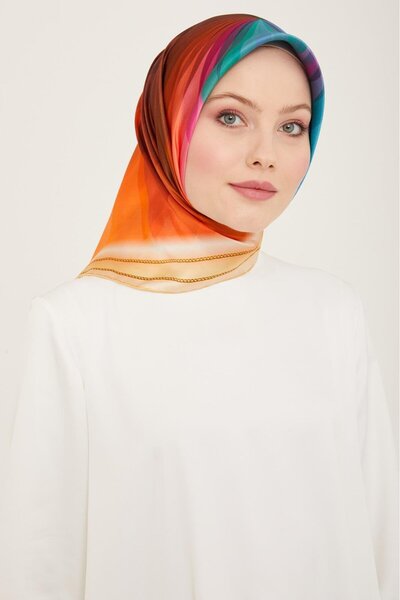 Armine Eșarfă din mătase Tivil cu model hologramă portocaliu - verde 9112 - 03