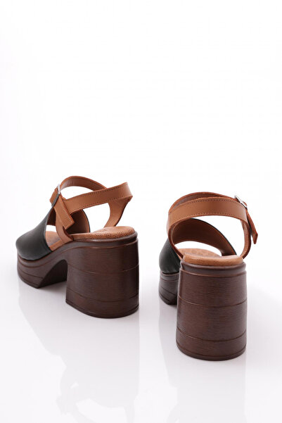 DGN Kadın Kalın Taban Bilekten Bağlama Sandalet Siyah Taba 453222