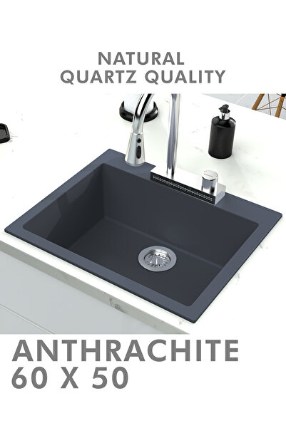 HENASURFACE Granit Eviye 1 Gözlü Antrasit 60x50 Granit Evye Kuvars