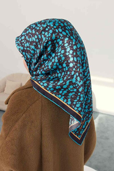 Silk Home Μεταξωτό μαντήλι από μετάξι με λουλουδάτο σχέδιο ανθρακί-τιρκουάζ 11412-05