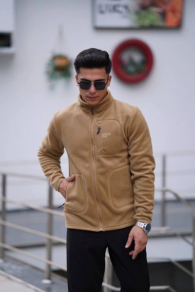 Est Estola Beige Men's Fleece Jacket - Thick Zipper, 3 Pockets, Cotton Fabric