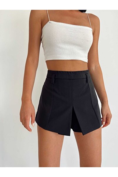 CESS KADIN SİYAH LİKRALI YÜKSEK BEL ÖNÜ YIRTMAÇLI GİZLİ YANDAN FERMUARLI LİKRALI ŞORT ETEK