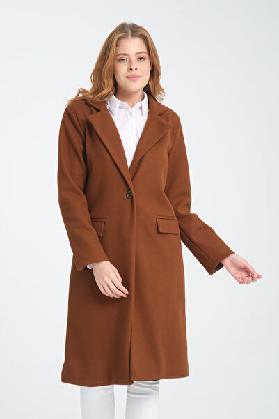 ZERTEX Μακρύ γυναικείο παλτό σε καφέ χρώμα - με επένδυση ώμου, φόδρα και λεπτομέρεια τσέπης
