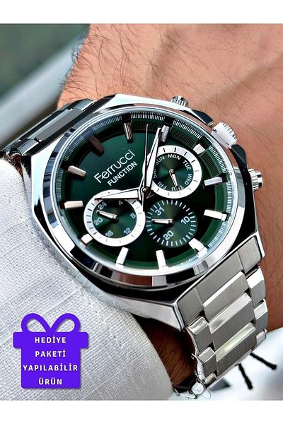 Ferrucci Green Dial with Calendar Silver Color Steel Band Men's Wrist Watch 2 Years Warranty Waterproof