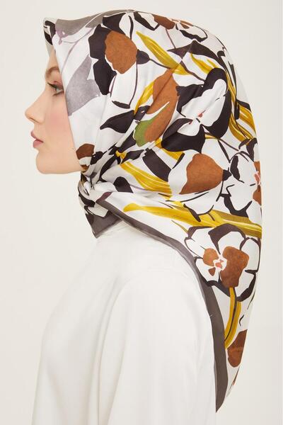 Armine Γκρι - Καφέ Μεταξωτό Φουλάρι με Μοτίβο Λουλουδιών Sura 9153 - 54