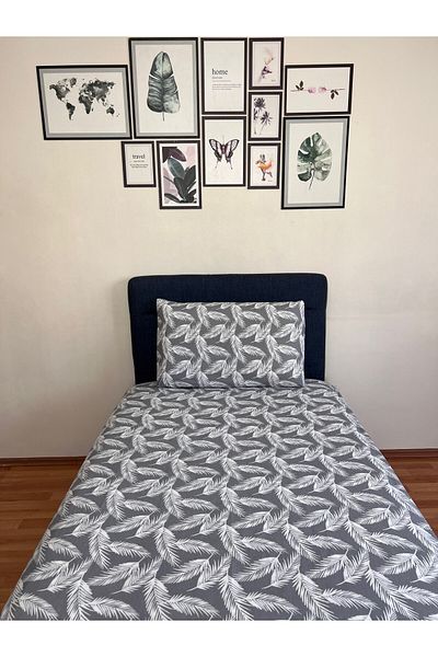 Touch Fitted Elastic Sheet Set (Pillowed) Single Double Feather Pattern Gray White