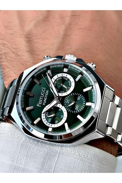 Ferrucci Green Dial with Calendar Silver Color Steel Band Men's Wrist Watch 2 Years Warranty Waterproof