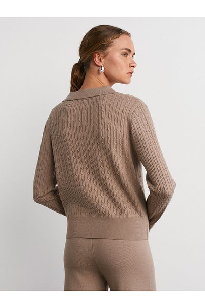Dilvin 10638 Polo Collar Hair Knitted Knitwear Sweater-Dark Mink