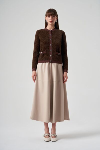 Lale Butik Nuss Knitwear Κοντή Ζακέτα - Λεπτομέρεια με Κουμπί, Καφέ 7001