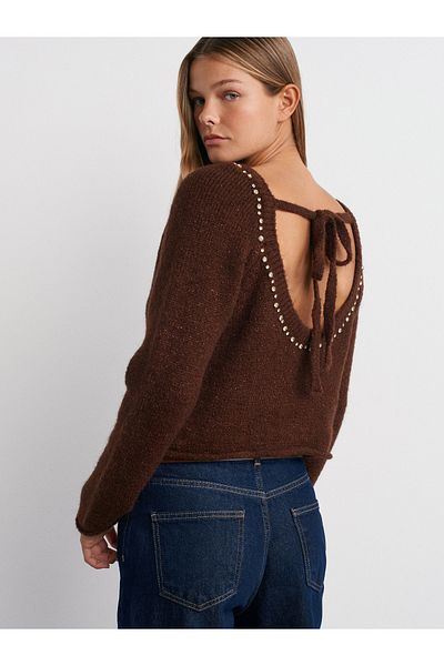 Dilvin 10622 Back Low-Cut Glittered Stone Tie Detailed Knitwear Sweater-Brown