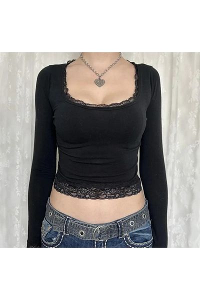 eyonnwear Crop top cu mânecă lungă cu detaliu din dantelă Y2k
