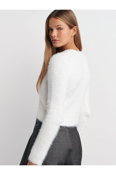 Dilvin 10659 Crew Neck Soft Textured Shiny Knitwear Sweater-Ecru