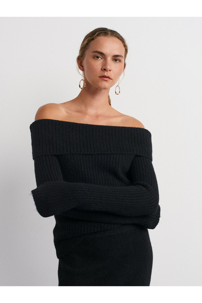 Dilvin 10649 Πλεκτό πουλόβερ Bardot γιακά με ραβδώσεις-Μαύρο