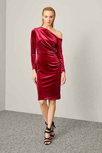 Naramaxx Tek Omuz Detaylı Kadife Elbise