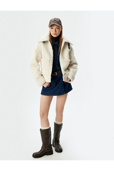 Koton Shirt Collar Faux Suede Lined Zippered Plush Coat with Pocket Detail