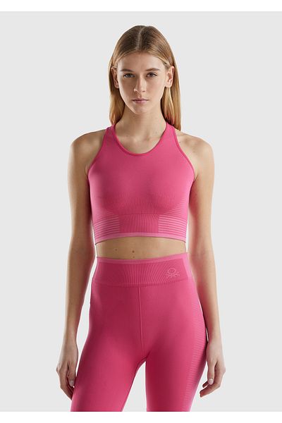 United Colors of Benetton Women's Fuchsia Back Logo Embroidered Strap Detailed Supported Sports Crop Top