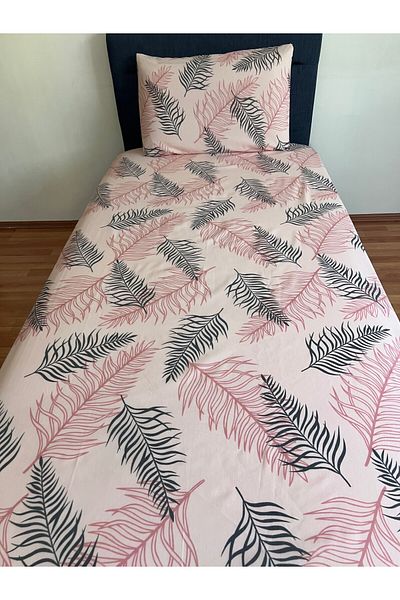 Touch Pink Black Feather Patterned Covered Pillow - Single Elastic Sheet Set