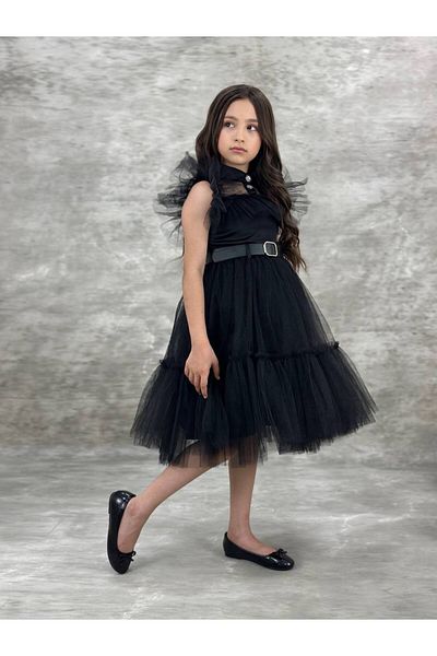 defada Wednesday Girl's Belted Tulle Black Dress