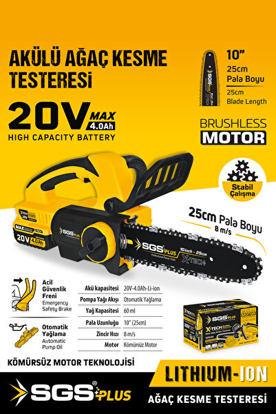SGS PLUS SGS5320 20 VOLT 4 AMPER AKÜLÜ AĞAÇ KESME BUDAMA TESTERE MOTORU 25 CM PALA