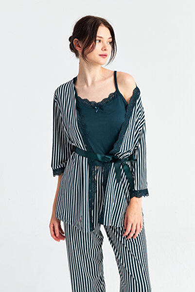 Ecrou Kadın Zümrüt Çizgi Askılı Sabahlık Pantolon 3 lü Pijama Takım