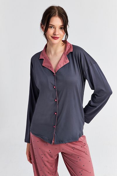 Ecrou Women's Powder Anthracite Heart Baby Collar Trousers 2-Piece Pajama Set