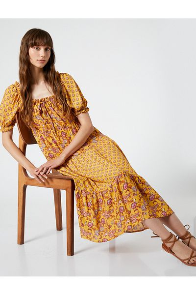 Koton Ethnic Printed Midi Viscose Dress Balloon Sleeve