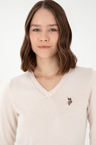 U.S. Polo Assn. Pulover de damă crem Melange Basic cu decolteu în V 50288983 -vr159