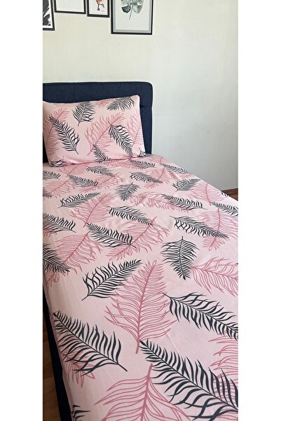 Touch Pink Black Feather Patterned Covered Pillow - Single Elastic Sheet Set
