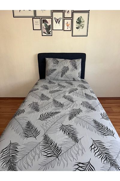 Touch Gray Black White Feather Patterned Single Elastic Sheet Set