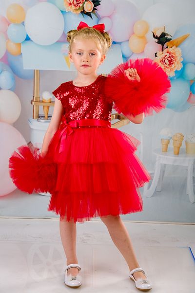 Mixie Girl's Red Buckle Pompom Sleeves Evening Dress Party Birthday Dress