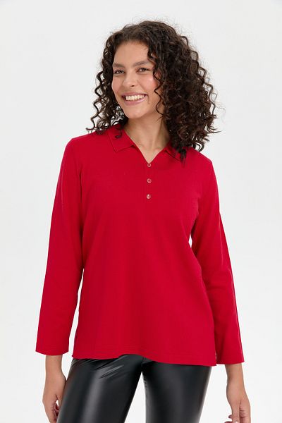 Desen Triko Red Women's Polo Neck Side Slit Sweater