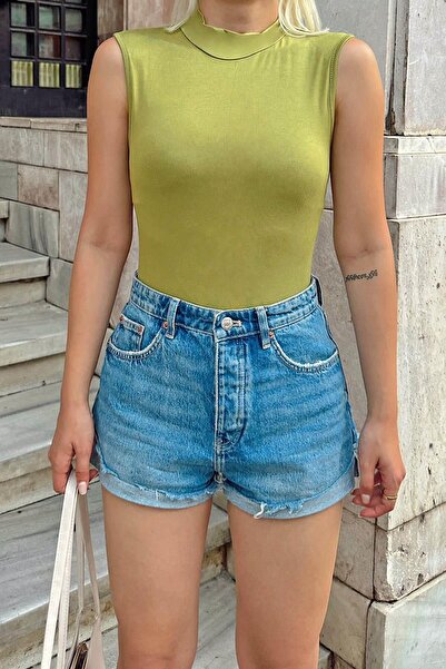 Swist Yağ Yeşili Sıfır Kol Yarım Balıkçı Kadın Body Bluz