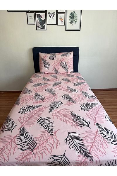 Touch Pink Black Feather Patterned Covered Pillow - Single Elastic Sheet Set