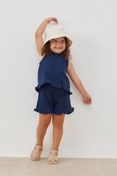Tics Navy Blue Muslin Set - Frilly