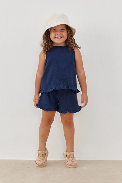 Tics Navy Blue Muslin Set - Frilly