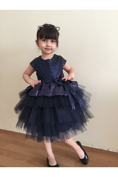 mixie kids Girl's Navy Blue Birthday Special Day Evening Dress Sequined Dress