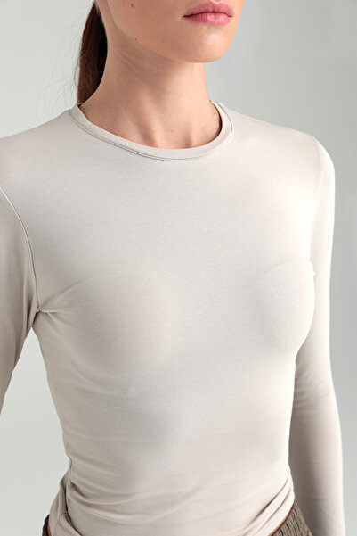 SHEISMONO Béžová bavlněná halenka s kulatým výstřihem