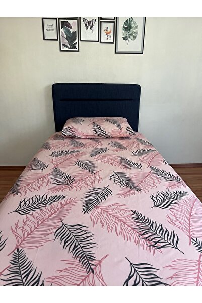 Touch Pink Black Feather Patterned Covered Pillow - Single Elastic Sheet Set