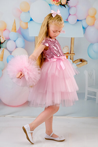 Mixie Girls Pink Buckle Pompom Sleeves Evening Dress Party Birthday Dress
