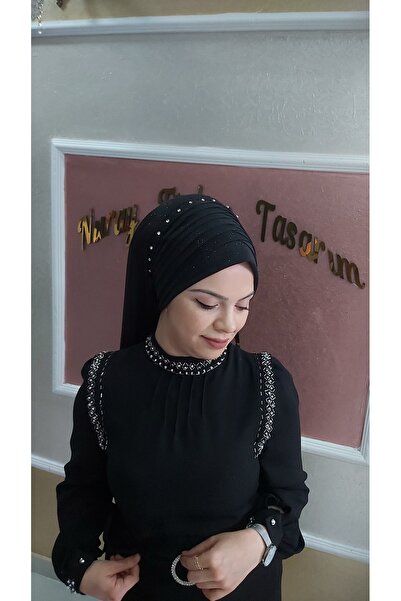 NurAy شال توربان أسود جاهز مع دروب