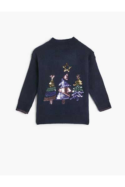 Koton Langärmliger Strickpullover mit Pailletten und Stehkragen