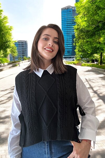 Entropy Bisiklet Yaka Yanları Bağlamalı Kadın Triko Süveter - Siyah