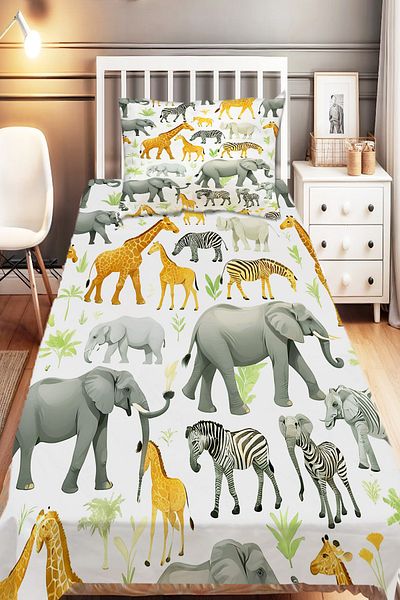 Else Dekor Safari African Animals Patterned Boys' Single Decorative Bedspread with Pillowcase