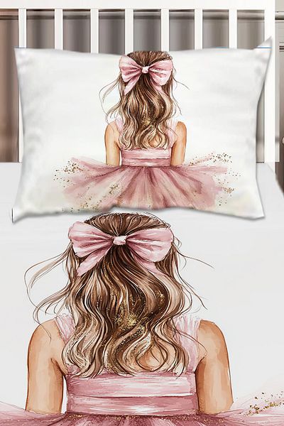 Else Dekor Yellow Girl Patterned Children's Single Decorative Bedspread with Pink Bow and Pillowcase