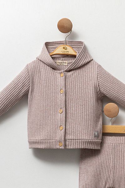 Cassiope Hooded Buttoned Front Ribbed Soft Textured Bottom-Top 2-Piece Baby Girl and Boy Set