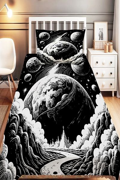 Else Dekor Black and White Space Moon Planet Patterned Children's Single Decorative Bedspread with Pillowcase